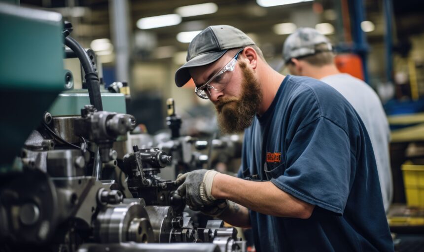 The photograph beautifully depicts the precision and focus of the operators as they control and monitor the machinery. The scene exudes a sense of productivity and efficiency, highlighting the essential role of machine operators in modern production processes.