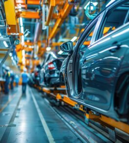 Workers are focused on installing and inspecting car interiors along the factory assembly line during a busy day.