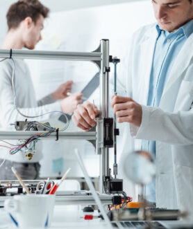 Mechanical engineers working in the laboratory, they are using an innovative 3D printer, prototyping and technology concept
